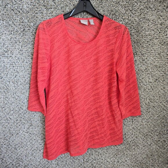 Chicos Top Womens 1 US Medium Orange Open Knit Scoop Neck 3/4 Sleeve Casual - Picture 1 of 7